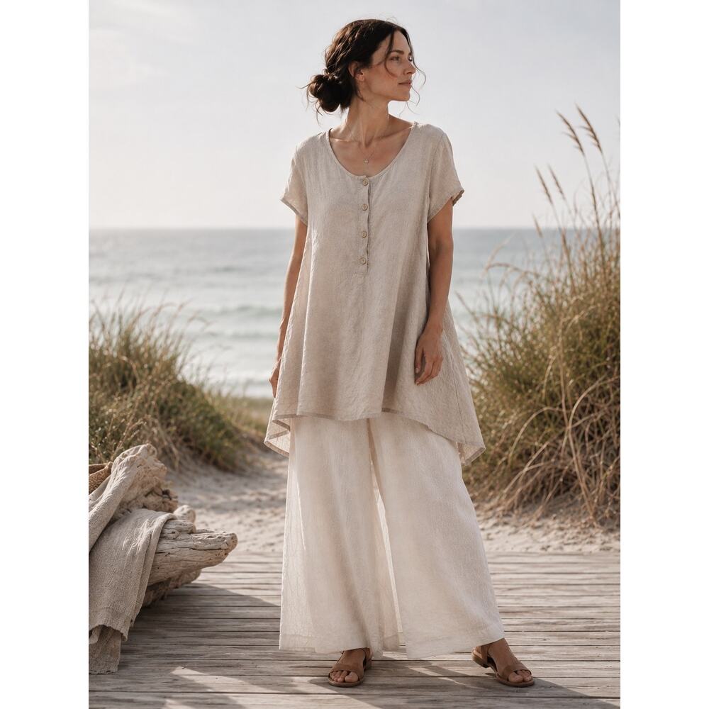 Flax Linen Round Neck Button Down Short Sleeve Tan Tunic Size Large Lagenlook